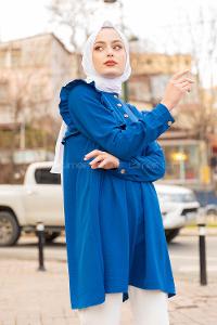 Modalamelif Önü Yarım Düğmeli Fırfır Detaylı Tunik İndigo