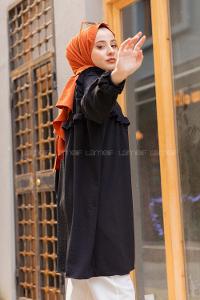 Modalamelif Önü Yarım Düğmeli Fırfır Detaylı Tunik Siyah