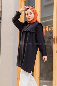 Modalamelif Önü Yarım Düğmeli Fırfır Detaylı Tunik Siyah