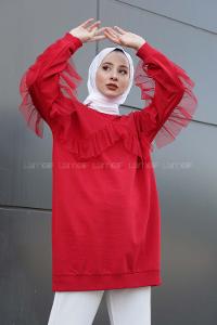 Modalamelif  Tül Detaylı Tunik  Kırmızı