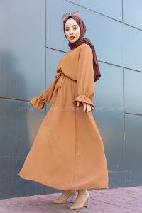 Modalamelif Yarasa Kol Kemer Detaylı  Elbise Camel