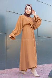 Modalamelif Yarasa Kol Kemer Detaylı  Elbise Camel