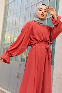 Modalamelif Yarasa Kol Kemer Detaylı  Elbise Gül