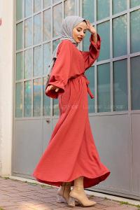 Modalamelif Yarasa Kol Kemer Detaylı  Elbise Gül