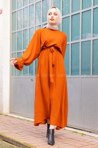 Modalamelif Yarasa Kol Kemer Detaylı  Elbise Taba