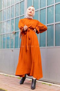 Modalamelif Yarasa Kol Kemer Detaylı  Elbise Taba