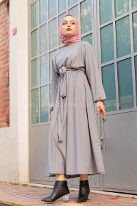 Modalamelif Yarasa Kol Kloş Etekli Mevlana Elbise Gri