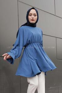 Modalamelif Balon Kol Ayrobin Tunik İndigo