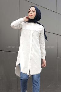 Modalamelif Eteği Saçaklı Gömlek Ekru