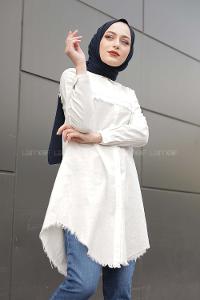 Modalamelif Eteği Saçaklı Gömlek Ekru