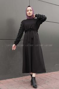 Modalamelif Kolu Papatya Detaylı Elbise Siyah