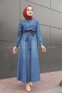 Modalamelif Önü Düğmeli Belden Bağlamalı Elbise Kot Mavisi