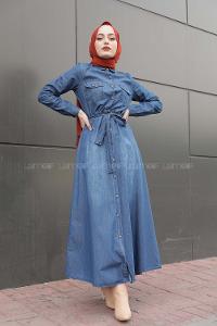 Modalamelif Önü Düğmeli Belden Bağlamalı Elbise Kot Mavisi