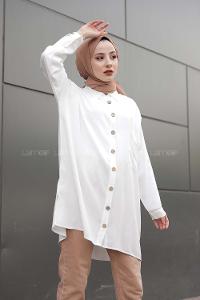 Modalamelif Önü Düğmeli Tek Cepli Gömlek Ekru