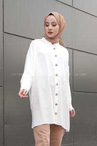 Modalamelif Önü Düğmeli Tek Cepli Gömlek Ekru