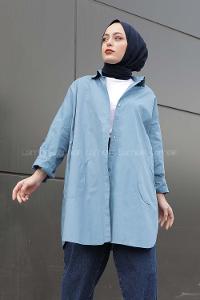 Modalamelif Önü Düğmeli Yan Cepli Gömlek Turkuaz