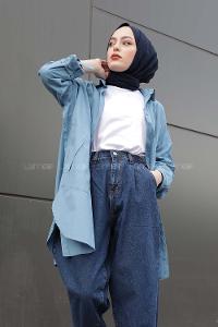 Modalamelif Önü Düğmeli Yan Cepli Gömlek Turkuaz