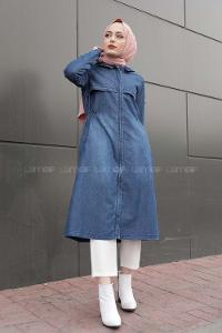 Modalamelif Önü Gizli Fermuarlı Kapşonlu Kap Kot Mavisi