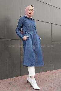 Modalamelif Önü Gizli Fermuarlı Kapşonlu Kap Kot Mavisi