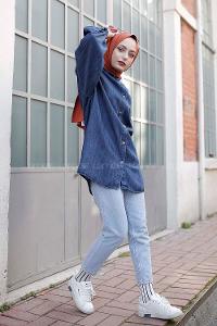 Modalamelif Balon Kol Kot Gömlek  Mavi