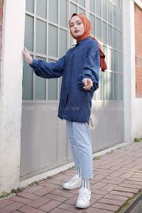 Modalamelif Balon Kol Kot Gömlek  Mavi