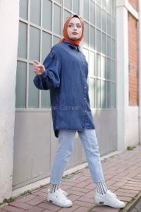 Modalamelif Balon Kol Kot Gömlek  Mavi