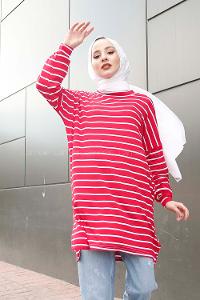 Modalamelif İnce Beyaz Çizgili Tunik Kırmızı