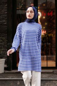 Modalamelif İnce Beyaz Çizgili Tunik Mavi