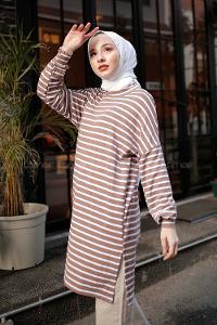 Modalamelif İnce Beyaz Çizgili Tunik Sütlü Kahve