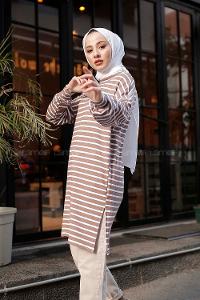 Modalamelif İnce Beyaz Çizgili Tunik Sütlü Kahve