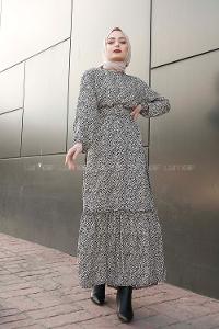 Modalamelif Kemerli Leopar Desen Elbise Bej