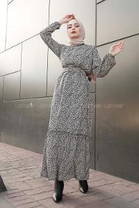 Modalamelif Kemerli Leopar Desen Elbise Bej