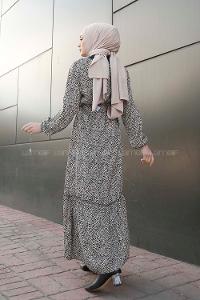 Modalamelif Kemerli Leopar Desen Elbise Bej