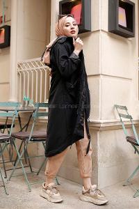 Modalamelif Kuş Gözlü Kapşonlu Uzun Kaban Siyah