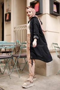 Modalamelif Kuş Gözlü Kapşonlu Uzun Kaban Siyah