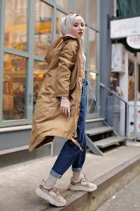 Modalamelif Kuş Gözlü Kapşonlu Uzun Kaban Yağ Yeşili