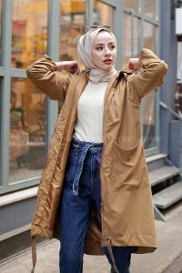 Modalamelif Kuş Gözlü Kapşonlu Uzun Kaban Yağ Yeşili