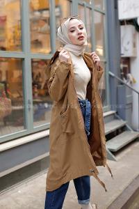 Modalamelif Kuş Gözlü Kapşonlu Uzun Kaban Yağ Yeşili