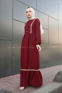 Modalamelif Önü Tahta Düğmeli Hasır Detaylı Elbise Bordo