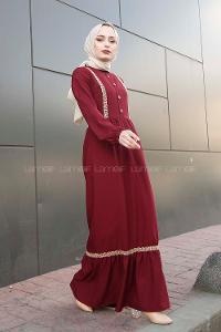 Modalamelif Önü Tahta Düğmeli Hasır Detaylı Elbise Bordo