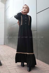 Modalamelif Önü Tahta Düğmeli Hasır Detaylı Elbise Siyah