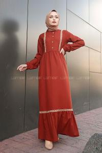 Modalamelif Önü Tahta Düğmeli Hasır Detaylı Elbise Taba