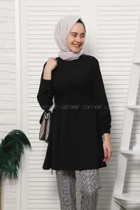 Modalamelif Bel Büzgülü Prenses Model Tunik Siyah
