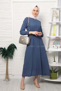 Modalamelif Hasır Kemerli Pıtırcık Desen Elbise İndigo