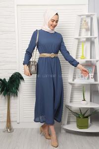 Modalamelif Hasır Kemerli Pıtırcık Desen Elbise İndigo