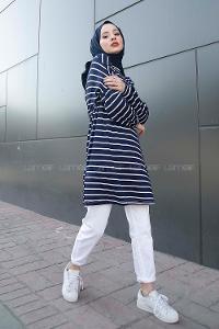 Modalamelif İnce Beyaz Çizgili Tunik  Lacivert