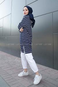 Modalamelif İnce Beyaz Çizgili Tunik  Lacivert