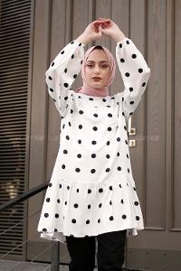 Modalamelif Puantiye Desenli Balon Kol Tunik Beyaz