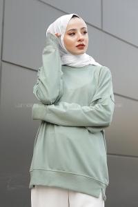 Modalamelif Düz Renkli Dikişli Sweatshırt Çağla Yeşili