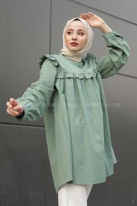 Omuz ve Göğüs Kısmı Fırfırlı Yarım Düğmeli Şık Tunik Çağla Yeşili